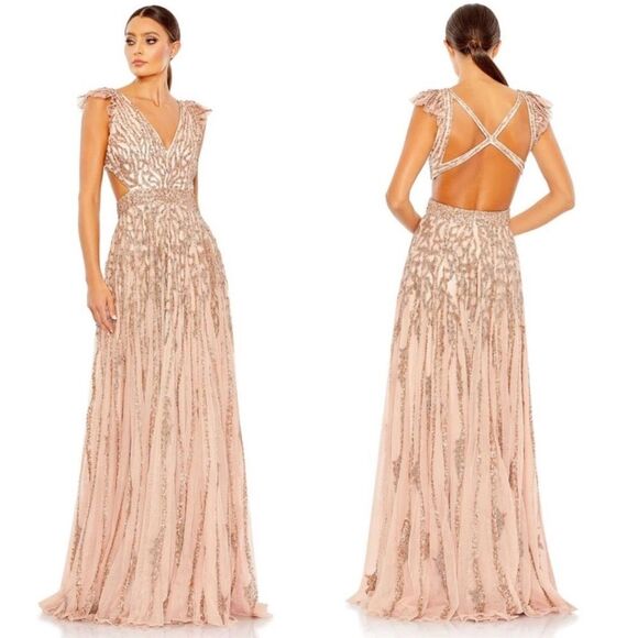Mac Duggal 5682 Sequined Flutter Cap Sleeve Cut Out A-Line Gown, Apricot, Size 8